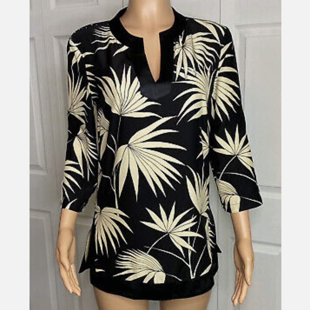 Black Cream Leaf Print Pullover Top